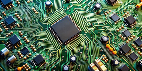 Fototapeta premium Electronic circuit board with various components and pathways, technology, motherboard, electronics, PCB