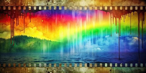 Distressed film background with surreal landscape melting into a rainbow color palette , distressed, film, background