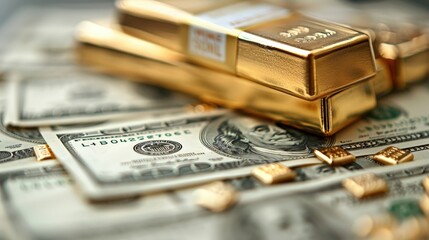 Stacks of Gold Bars and US Dollar Bills Representing Wealth and Financial Success