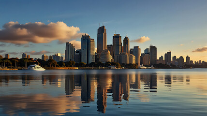 Naklejka premium Sydney CBD skyline with reflection of buildings in the harbour waters photography 8k ultra hd blue sky photo download