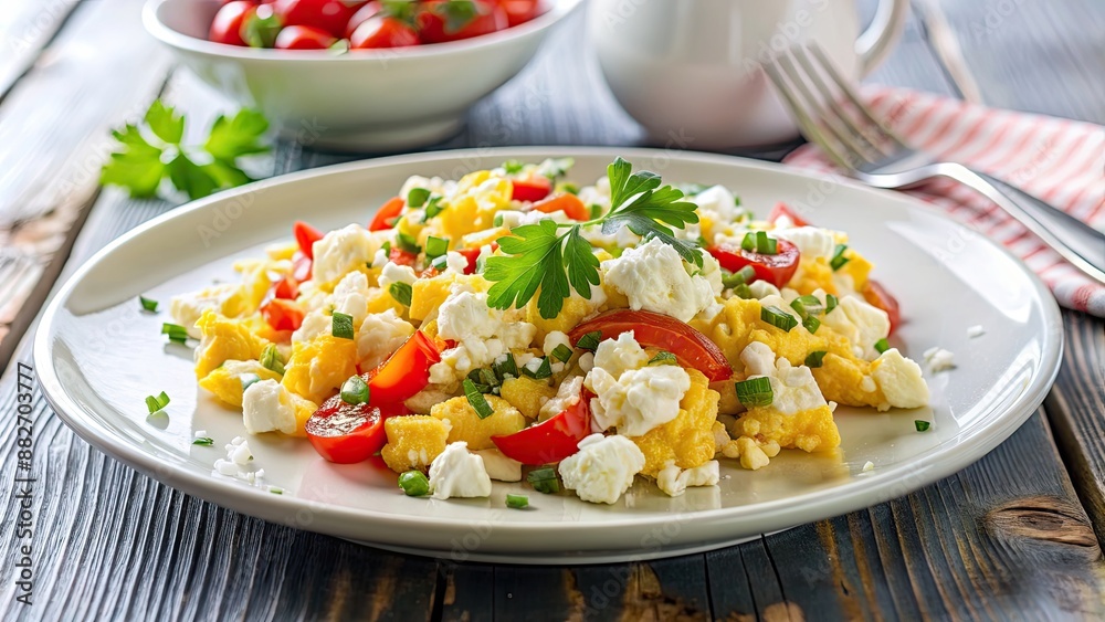 Wall mural Scrambled eggs with peppers and feta cheese on a white plate, breakfast, delicious, healthy, savory, scrambled, eggs