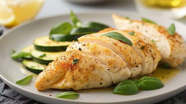 Food for convalescent patients, A plate of tender, poached chicken breast with a side of steamed zucchini