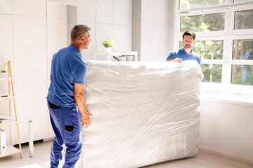 Skilled movers showcasing teamwork and interior decoration