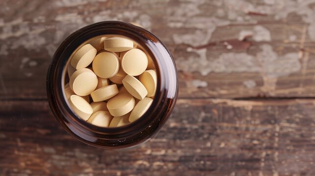 Levodopa tablets in a bottle viewed from the top with space for text