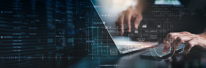Data anlytics, AI and database management technology. IT specilist working on digital tablet...