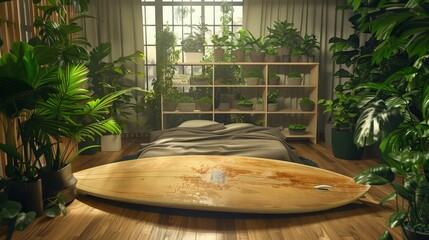 Fototapeta premium Wooden surfboard resting in a sunlit indoor tropical garden room creates a warm and inviting lifestyle scene for marketing campaigns.