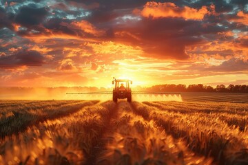 Fototapeta premium Tractor spraying pesticides in a field at sunset.