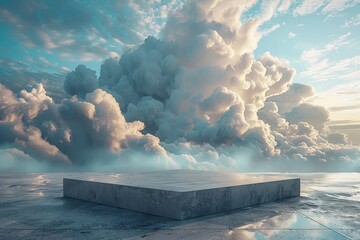 Minimalist concrete podium with clean lines against storm clouds.