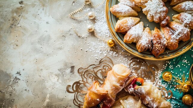 Italian Carnival Banner with Traditional Fried Pastries and Copy Space