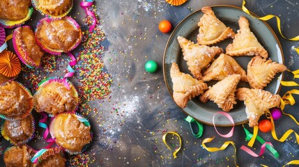 Italian Carnival Banner with Traditional Fried Pastries and Copy Space