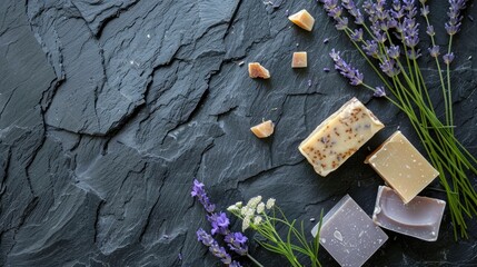 Lavender flowers and soap samples displayed on basalt surface