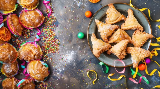 Italian Carnival Banner with Traditional Fried Pastries and Copy Space