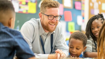 A bearded man with glasses and a lanyard smiles warmly as he engages with a group of children in a classroom setting. The children, of diverse backgrounds, are gathered around the man, listening inten