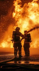 Two firefighters, clad in full firefighting gear including helmets, protective suits, and breathing apparatuses, are actively battling an intense blaze. They are standing amidst a backdrop of towering