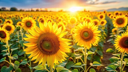 Obraz premium Field of vibrant yellow sunflowers basking in the sun , flowers, sun, nature, agriculture, beauty, growth, vibrant, yellow