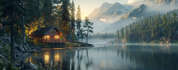 Tranquil lakeside cabin surrounded by towering pine trees, 4K hyperrealistic photo
