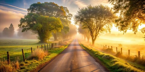 Obraz premium Peaceful country lane surrounded by gentle mist and radiant ambiance , tranquil, rural, peaceful, serene, misty, foggy, road