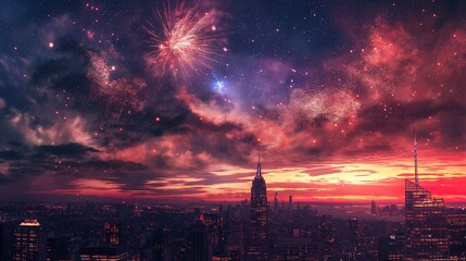 Naklejka premium The image depicts a vibrant cityscape at sunset, featuring tall skyscrapers including an iconic one with a pointed antenna. The sky is filled with colorful fireworks illuminating the dusk. There are s