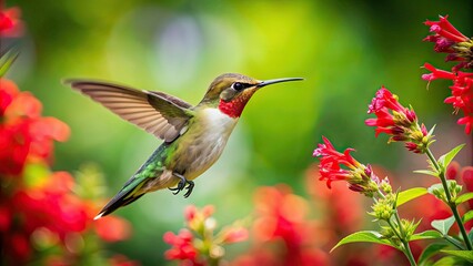 Fototapeta premium Hummingbird feeding on a red flower in a lush garden, hummingbird, bird, feeding, red flower, garden, nature, wildlife, vibrant