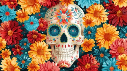 Illustration of a Day of the Dead skull adorned with colorful flowers, highlighting cultural and festive elements.