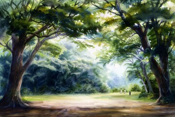Fototapeta premium Serene forest path with sunlight filtering through lush green trees, creating a peaceful and inviting atmosphere for a nature walk.