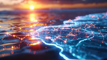 Stunning digital visualization of connected lines over ocean waves at sunset, representing technology and nature integration.