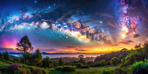 Colorful sky and natural panoramic view with stars and lush vegetation , colorful, sky, natural, panoramic, stars, vegetation