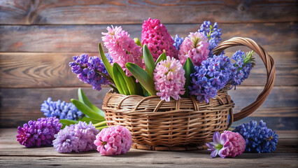 Fototapeta premium Delicate pink and purple hyacinth blooms spill from an ornate antique porcelain vase basket, adding a touch of vintage elegance to any home decor or festive setup.