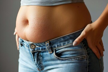 close-up shot of a woman's midsection with excessive belly fat, wearing tight jeans against a grey background.