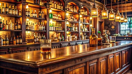 Cozy old English pub counter with whisky bottles in background, whisky, pub, counter, bar, cozy, old, English, Irish, bottles
