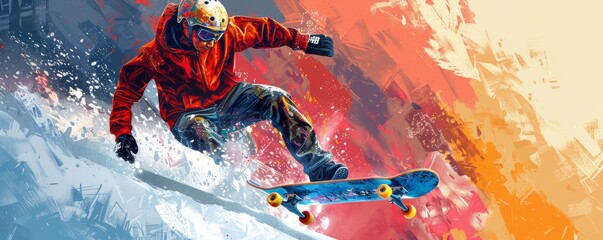 A pixel art illustration of a skateboarder performing an impressive trick, their pixelated movements defying gravity.