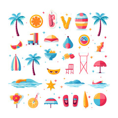 Summer icons. Beach white background, flat style