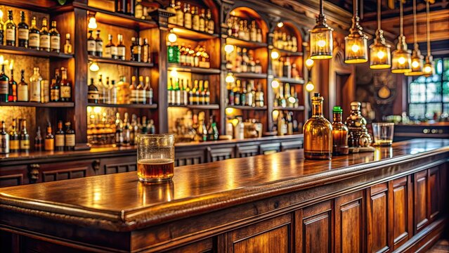 Cozy old English pub counter with whisky bottles in background, whisky, pub, counter, bar, cozy, old, English, Irish, bottles