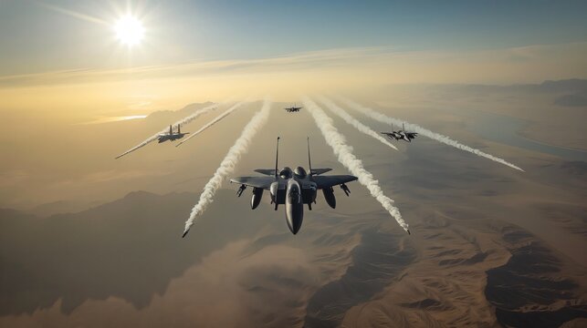 Squadron of fighter jets flying over desert at sunset