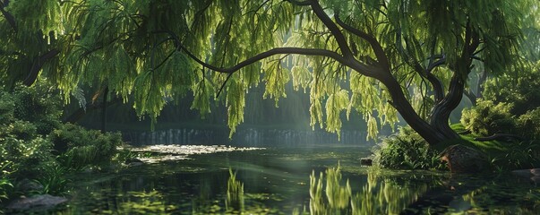 Obraz premium Graceful weeping willow draping over a tranquil pond, 4K hyperrealistic photo
