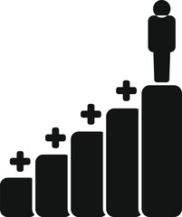 Businessman is standing on a bar chart that is increasing, representing success