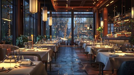 Elegant restaurant interior with cozy lighting, stylish decor, and neatly arranged tables, upscale dining atmosphere