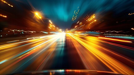 Obraz premium a nighttime drive with motion blur on the road, emphasizing the speed and nocturnal atmosphere.