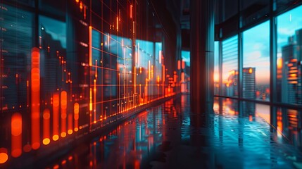 Financial graph and stock market data overlay on a blurred office background, representing market analysis