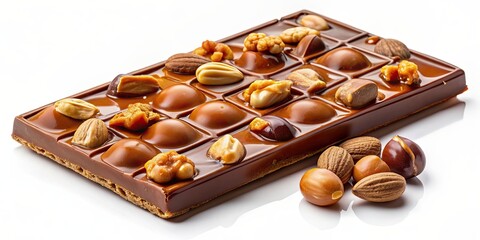 Delicious and indulgent milk chocolate bar with nuts and caramel, chocolate, sweet, dessert, candy, indulgent, delicious, cocoa