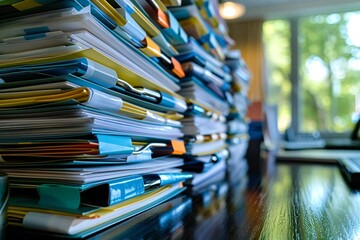 An organized and neat desk filled with compliance and regulatory documents, files, and supplies, representing the stringent adherence to rules and laws in a business setting.