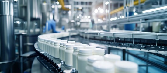 Modern pharmaceutical factory. White plastic bottles on automated production line. Concepts. manufacturing, food industry, medicine, pharmaceuticals, and packaging.