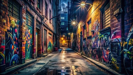Obraz premium Dark alley with graffiti covered walls , urban, street, graffiti, vandalism, tags, urban decay, spray paint, city, gritty