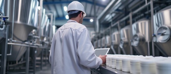 Food factory worker in white uniform and hardhat using digital tablet for quality control on production line. Concepts. food industry, manufacturing, technology, automation, hygiene