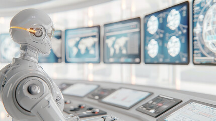A humanoid robot monitoring multiple screens in a high-tech control room, illustrating advanced AI and automation