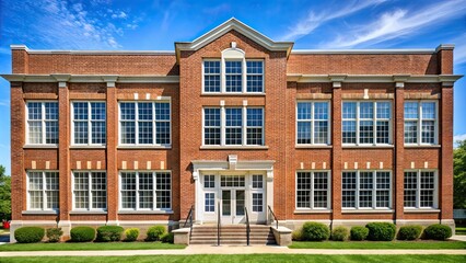 Fototapeta premium Exterior view of a traditional American school building with brick facade and white windows, school, building