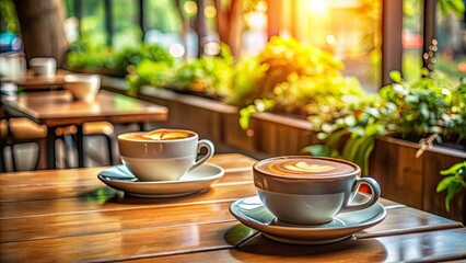 Fototapeta premium Cozy cafe scene with two cups of coffee on a warm morning , coffee, cafe, cozy, morning, warm, relaxation, atmosphere