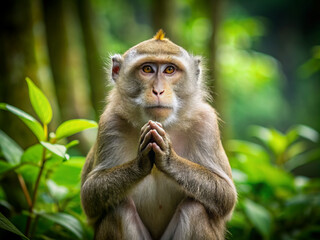 Obraz premium Serenity found: macaque monkey assumes a peaceful yoga meditation pose, hands clasped in prayer, sitting calmly in serene outdoor surroundings with lush greenery.