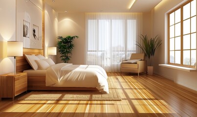 Modern Bedroom Interior with Sunlight, Large Window, and Wooden Floors. Home Decor on a Large Wall