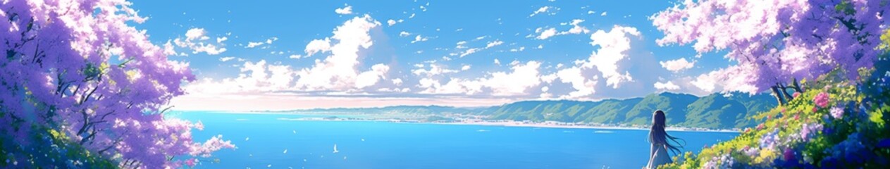 Obraz premium Abstract Wallpaper Featuring a Serene Spring Paradise with Peach Blossoms, Gentle Breeze, and Sunny Seaside Heaven in Anime Style. AI-Generated Design for Commercial Advertising, End-Season Marketing,